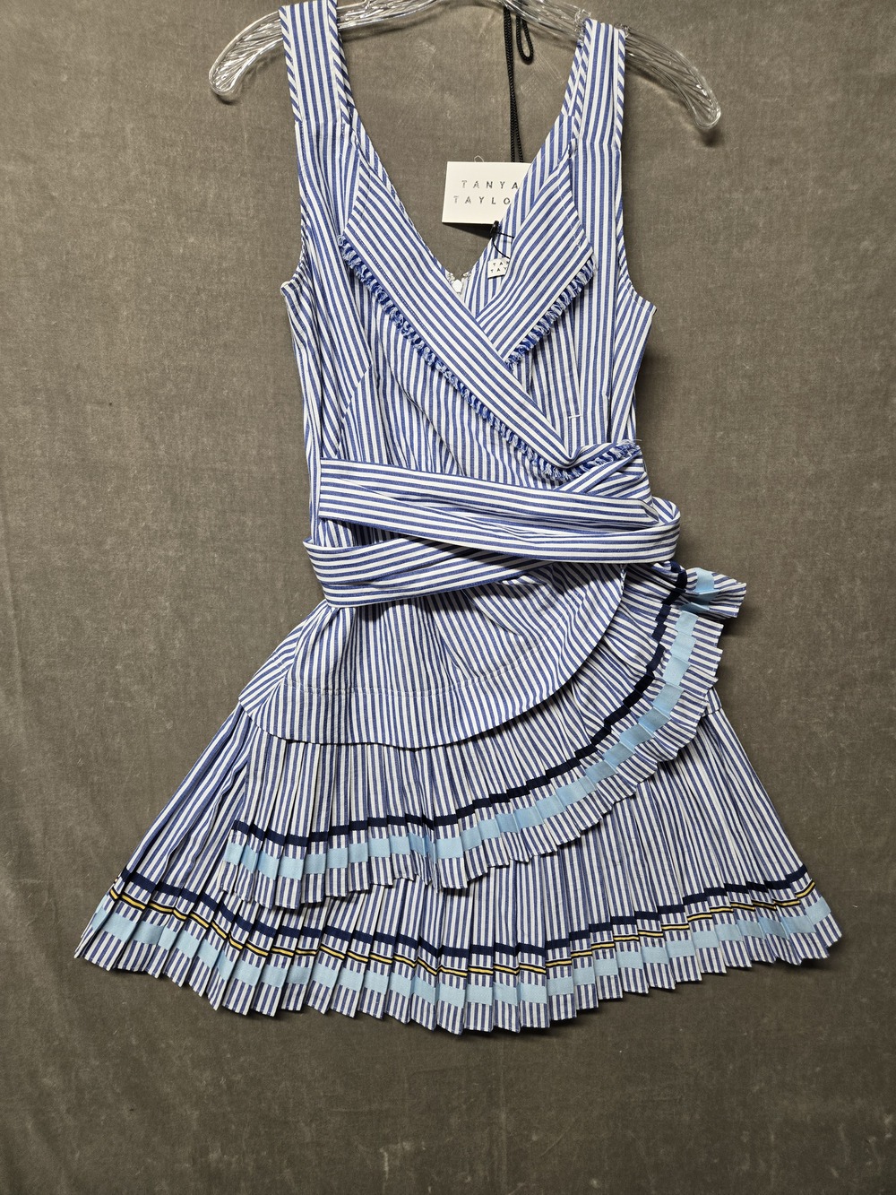 Tanya Taylor Blue White Stripe Pleated Tiered Mini Dress Bow Wrap V-Neck 4 NWT